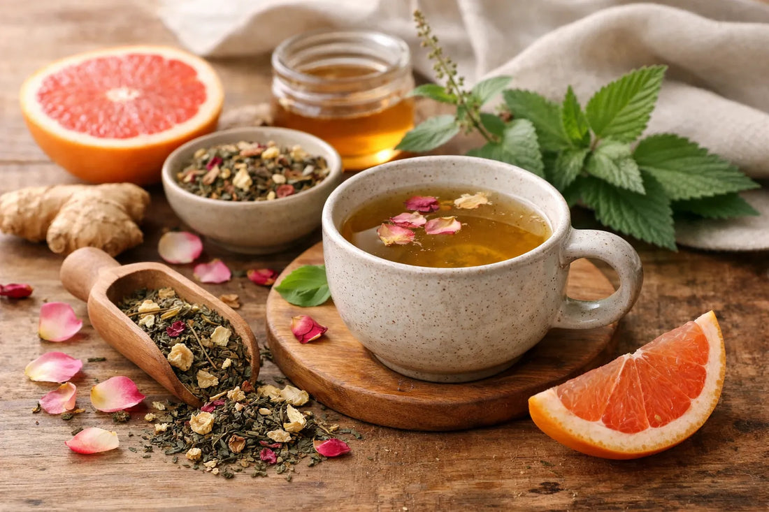 Té adelgazante en su taza encima de una mesa de madera